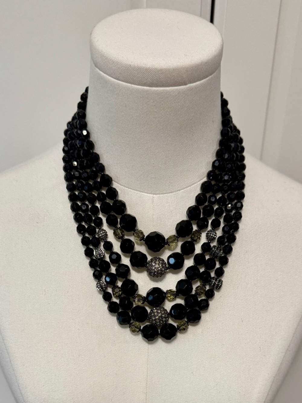 Talbots Multi-Strand Black Faceted Statement Bead Necklace with Pavé Accents NWT